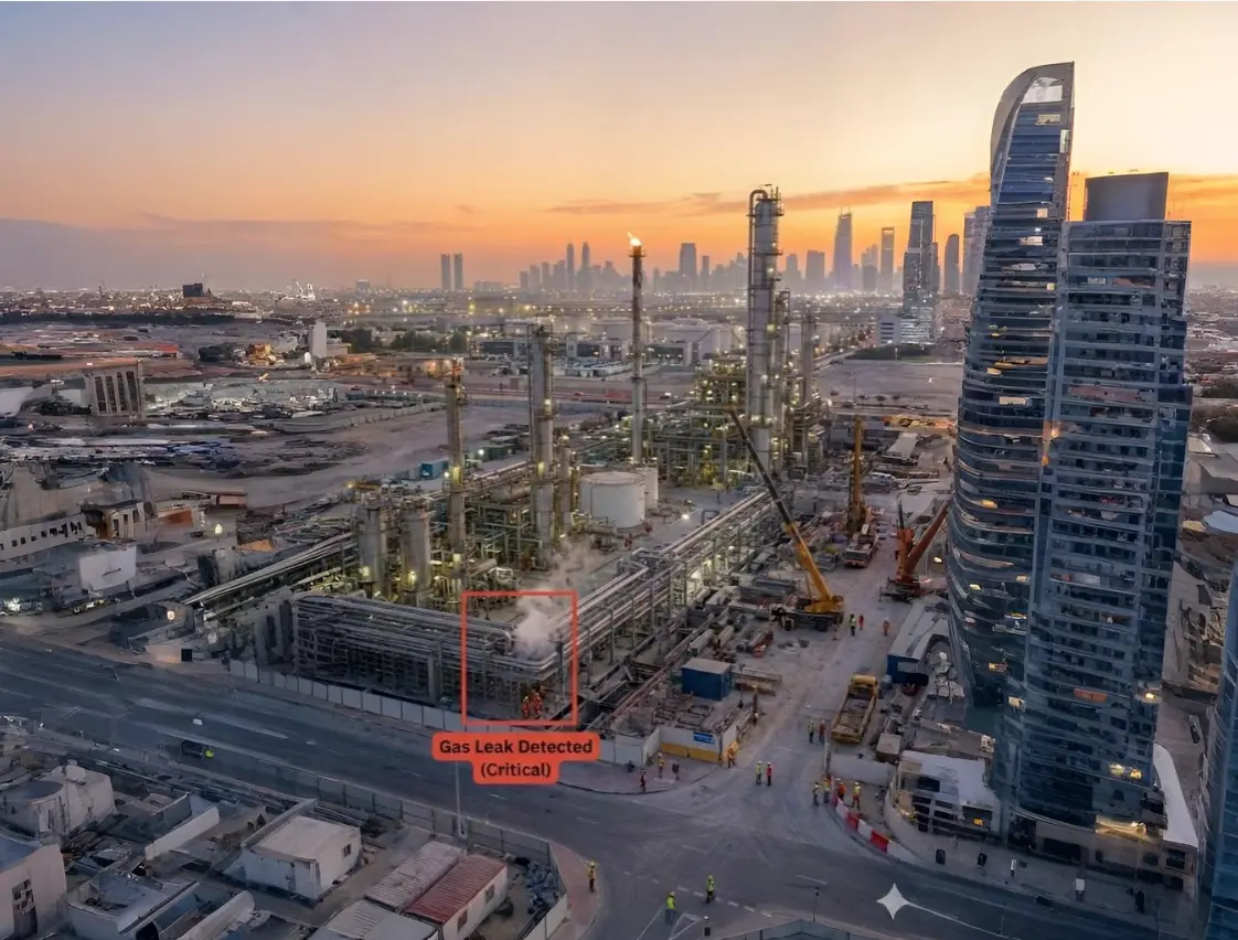 Industrial drone inspecting oil refinery flare stack